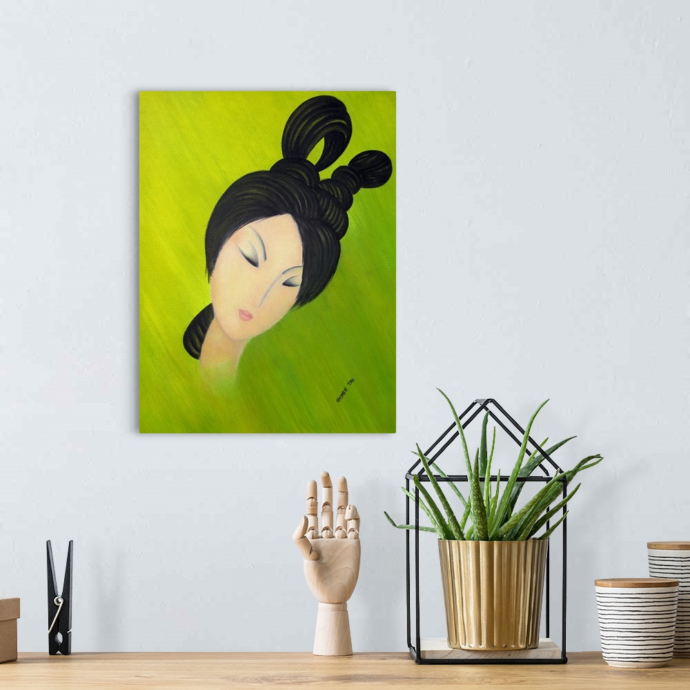 A bohemian room featuring Portrait painting of a Chinese woman with beautiful black hair on a bright green and yellow backg...