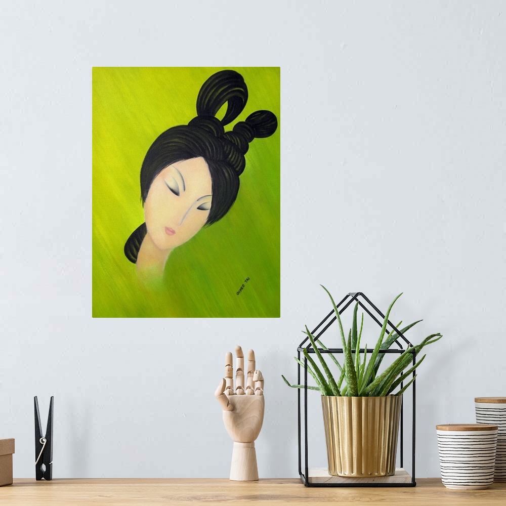 A bohemian room featuring Portrait painting of a Chinese woman with beautiful black hair on a bright green and yellow backg...