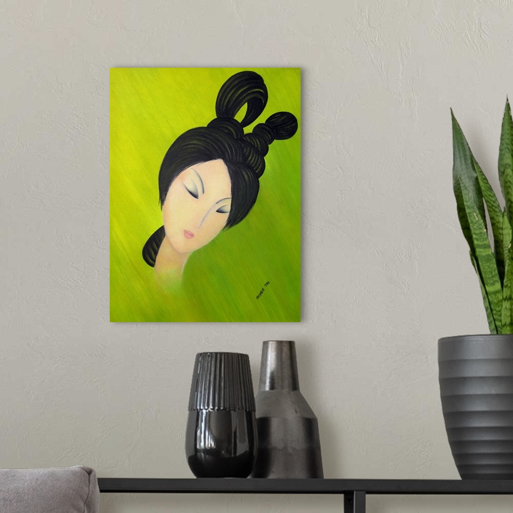 A modern room featuring Portrait painting of a Chinese woman with beautiful black hair on a bright green and yellow backg...