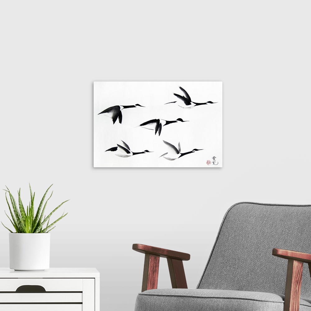 A modern room featuring Chinese ink painting of Canadian geese  migrating south.