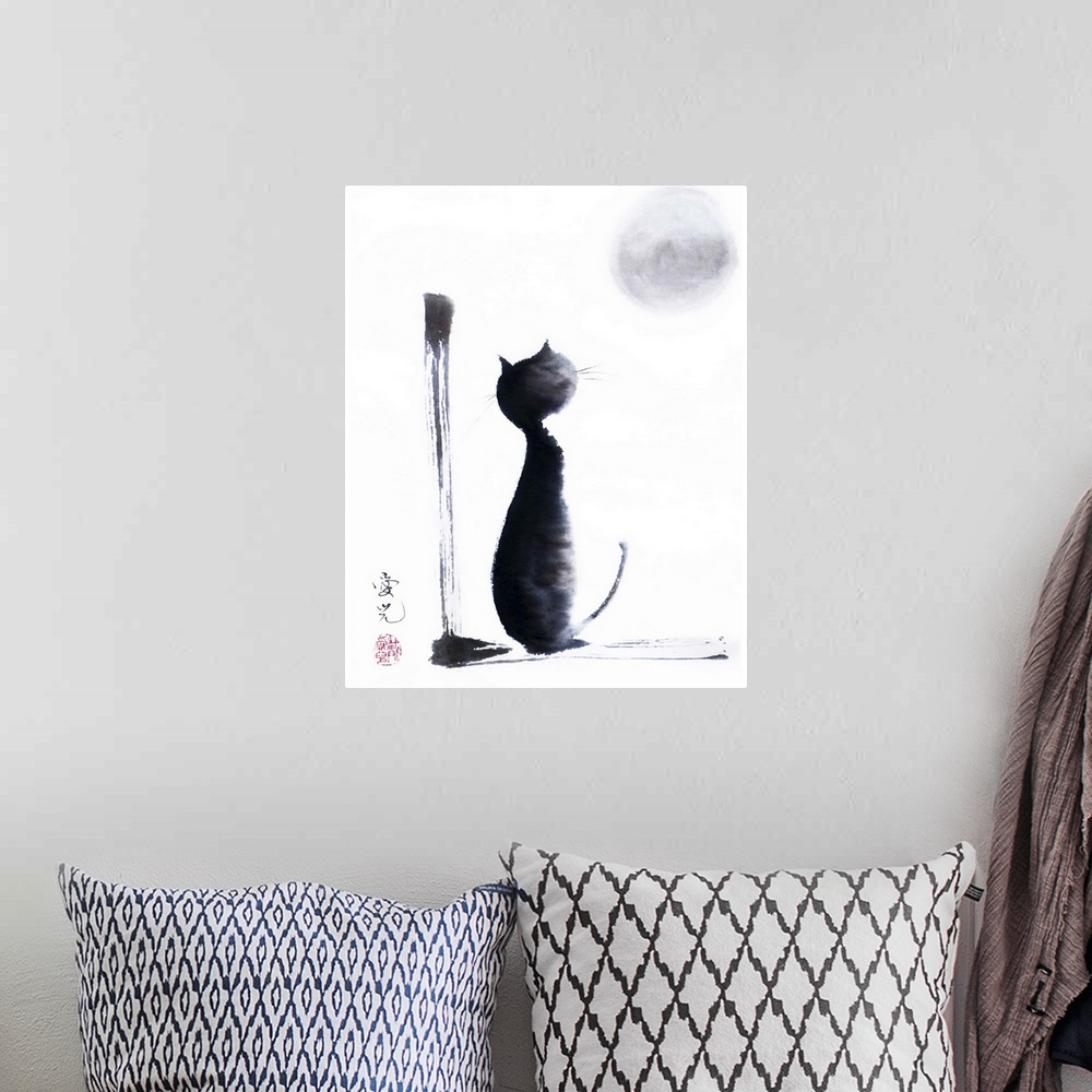 A bohemian room featuring Sumi-e on rice paper, painting of a cat looking up at the moon.