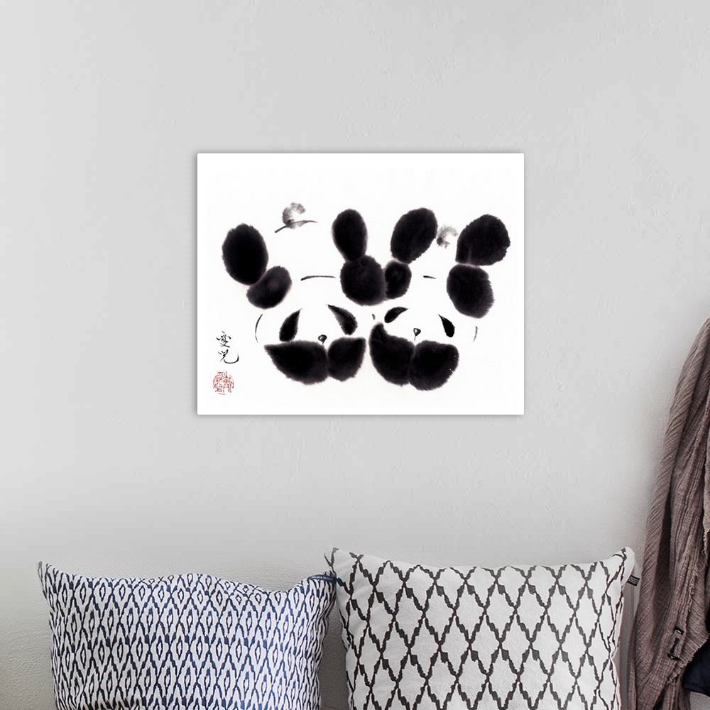 A bohemian room featuring Cute panda ink wash paintings perfect for the nursery for twin babies.