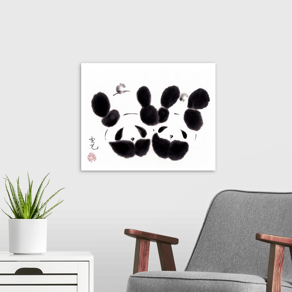 A modern room featuring Cute panda ink wash paintings perfect for the nursery for twin babies.