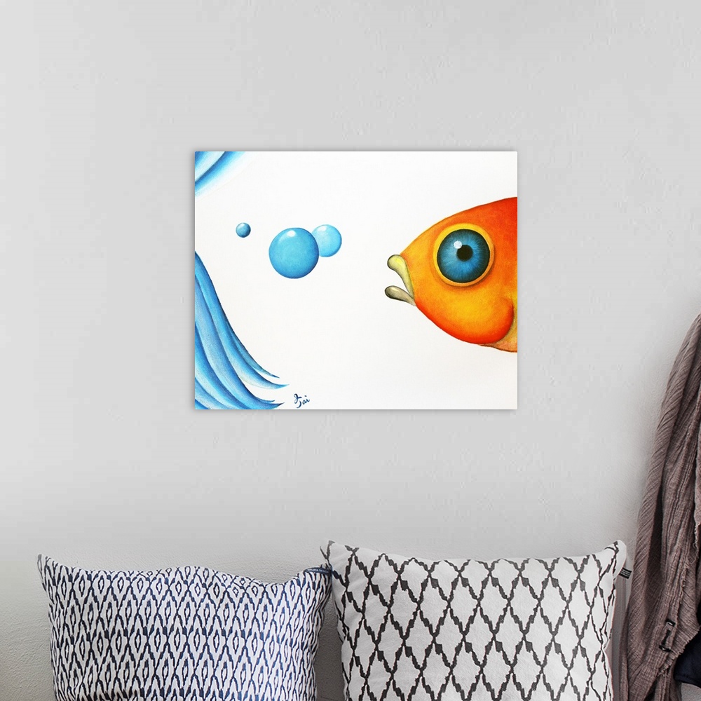 A bohemian room featuring Vibrant painting of an orange fish with a blue eye, three bubbles, and the back fins of a blue be...