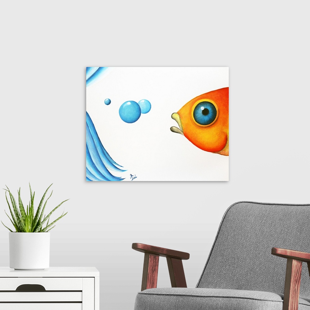 A modern room featuring Vibrant painting of an orange fish with a blue eye, three bubbles, and the back fins of a blue be...