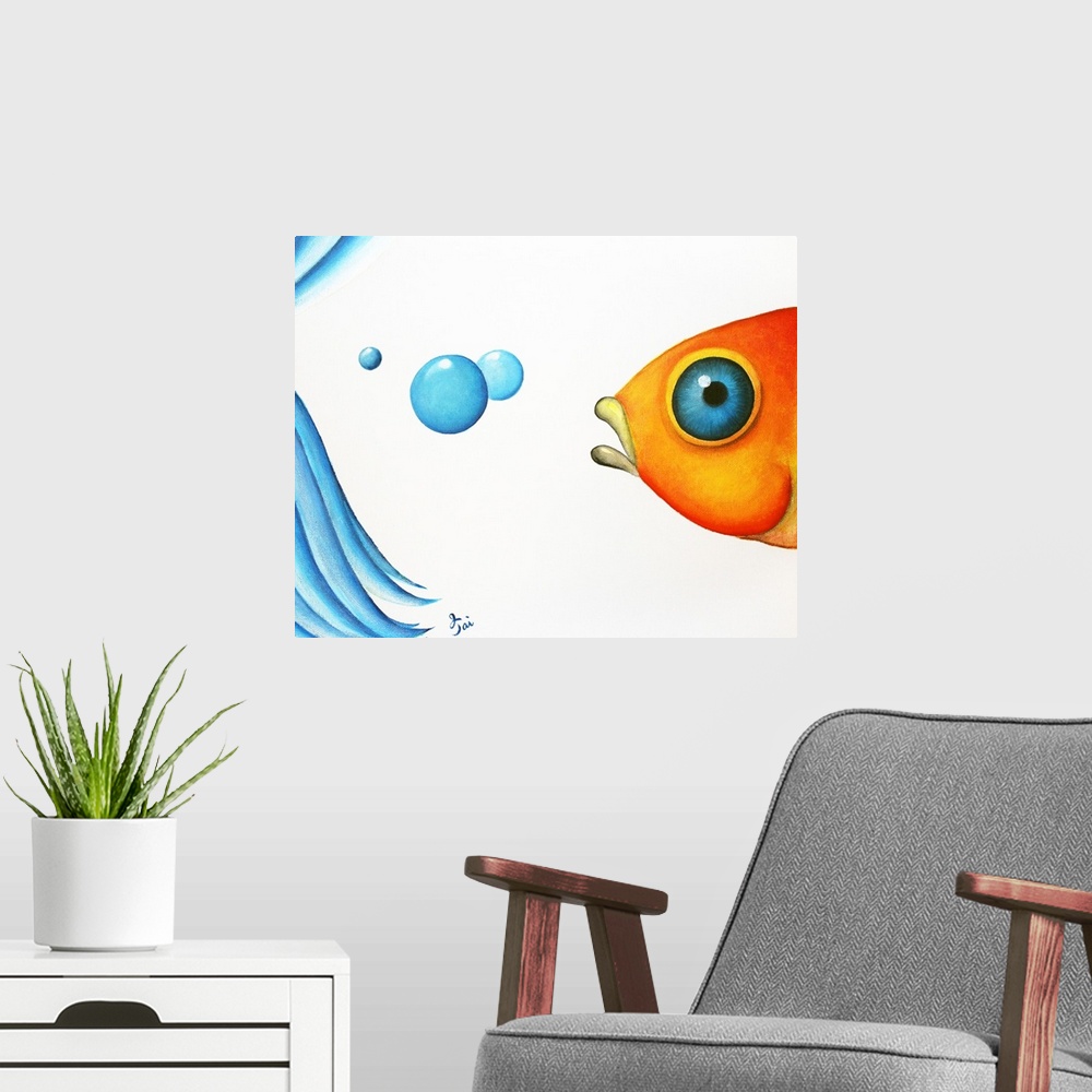 A modern room featuring Vibrant painting of an orange fish with a blue eye, three bubbles, and the back fins of a blue be...