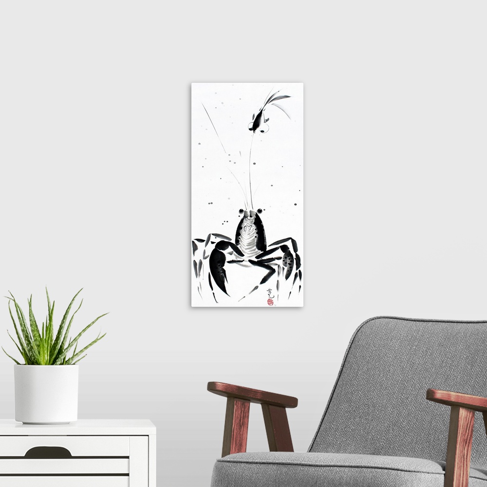 A modern room featuring One must learn to be patient in life and wait for the right moment. Chinese ink painting of a lob...