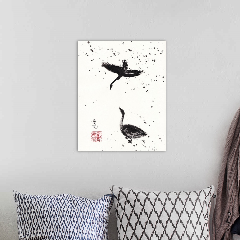 A bohemian room featuring Chinese Ink Painting with two birds and paint splatter.