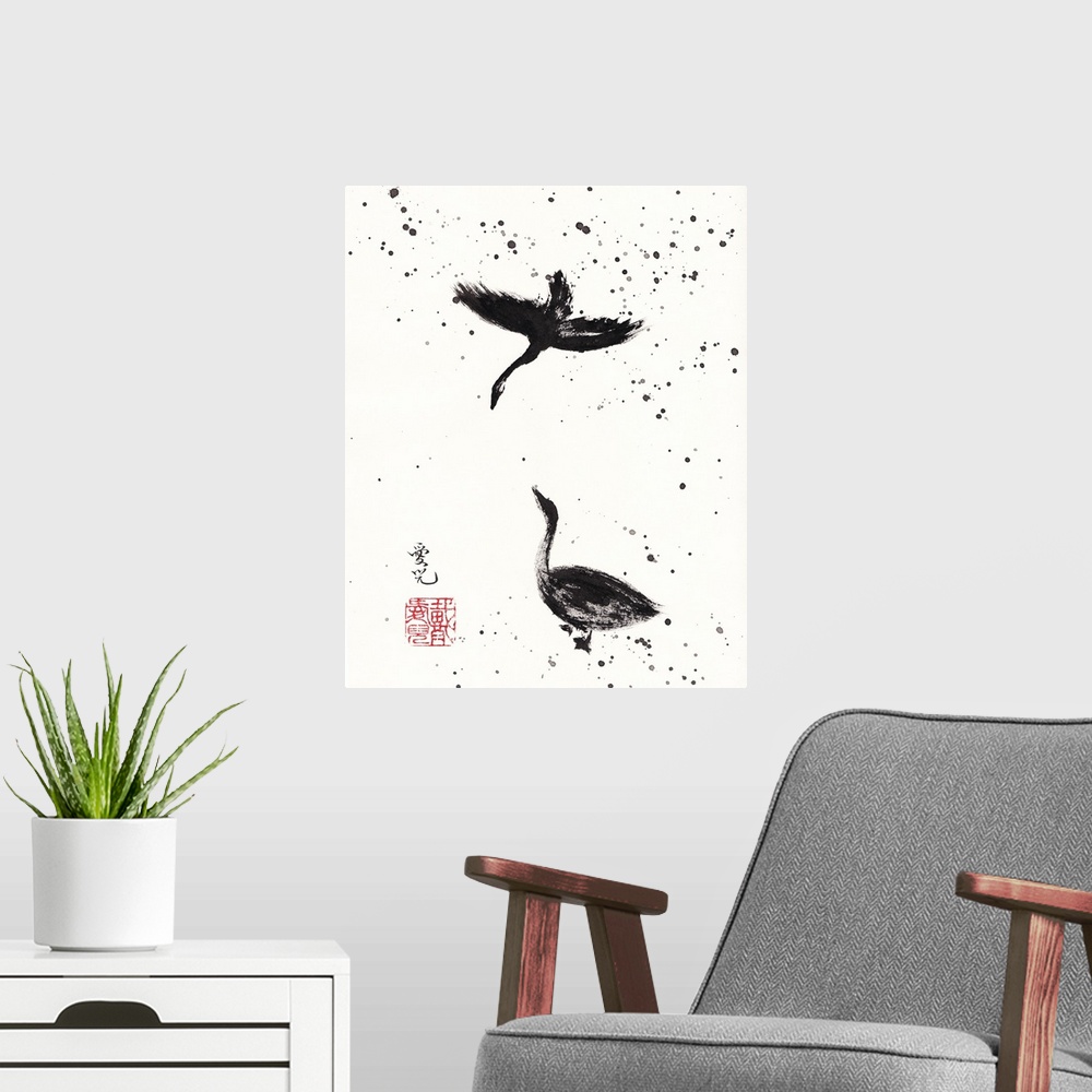 A modern room featuring Chinese Ink Painting with two birds and paint splatter.