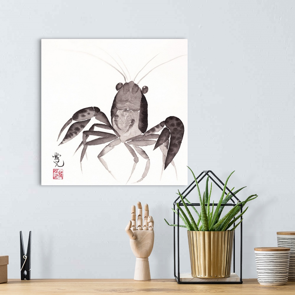 A bohemian room featuring Painted portrait of a mini lobster (orange crayfish) walking with its head held high.