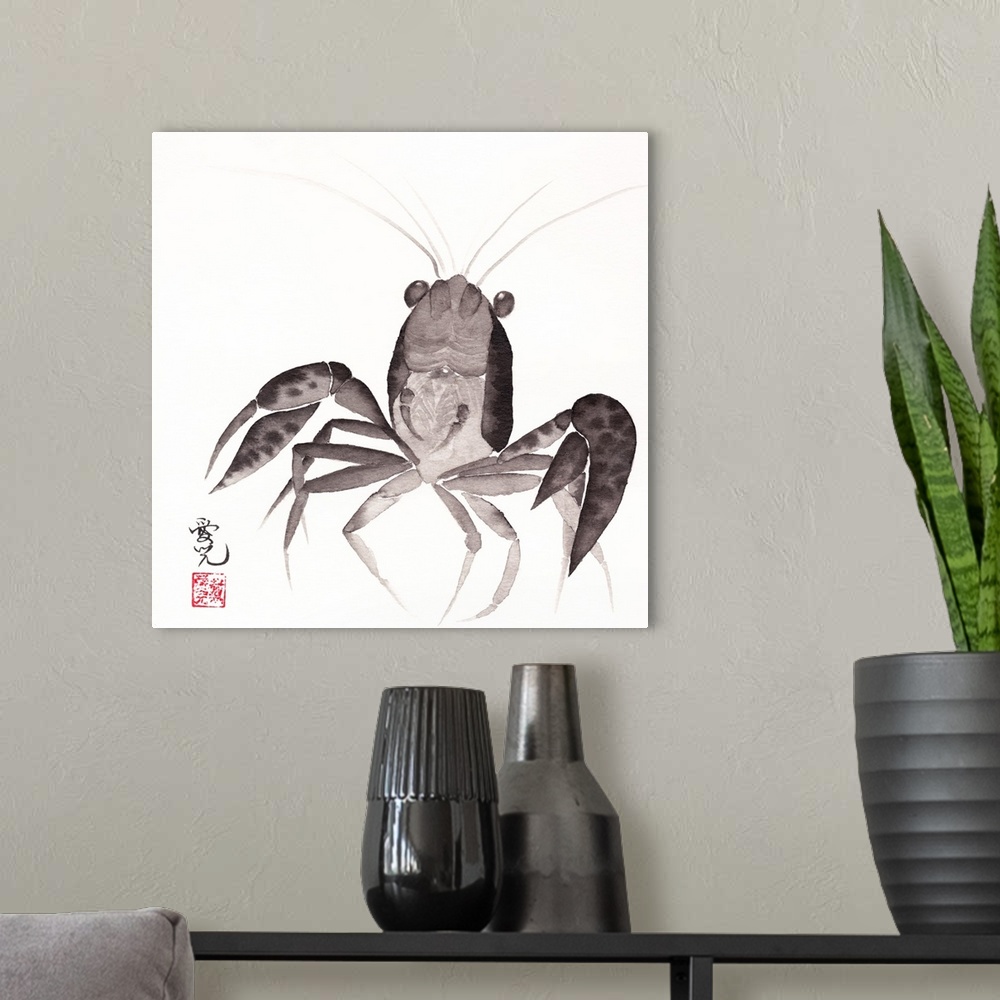 A modern room featuring Painted portrait of a mini lobster (orange crayfish) walking with its head held high.