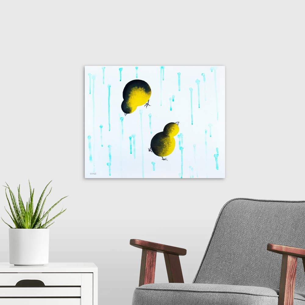 A modern room featuring Mixed Media painted on Canvas. One little chick is on the lookout while the other is feeding.