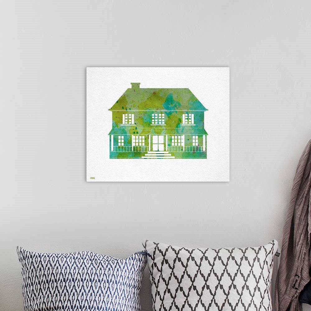 A bohemian room featuring Part of the watercolor house series, great as house warming gifts