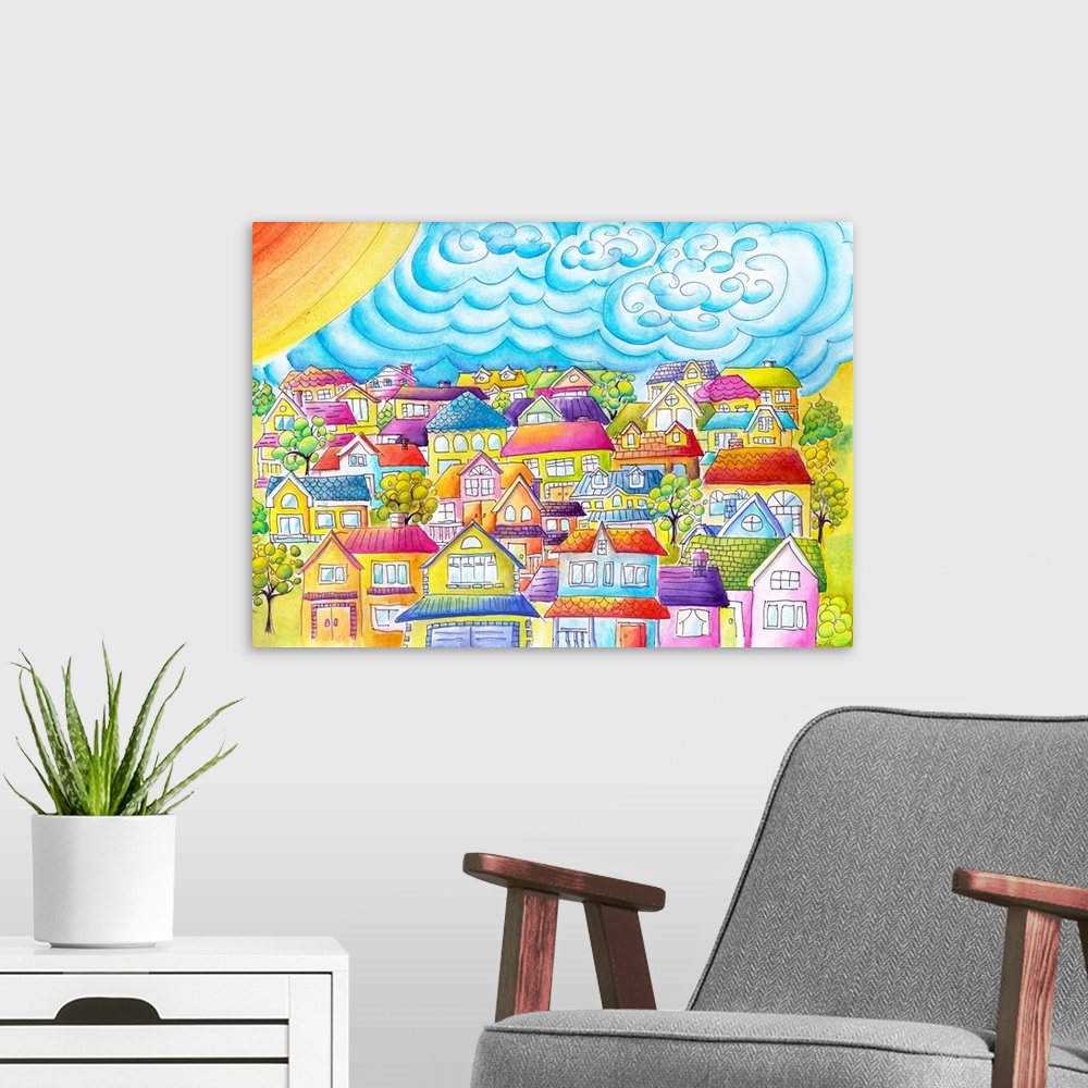 A modern room featuring Whimsical painting of vibrant colored houses complied together in a neighborhood with few trees.