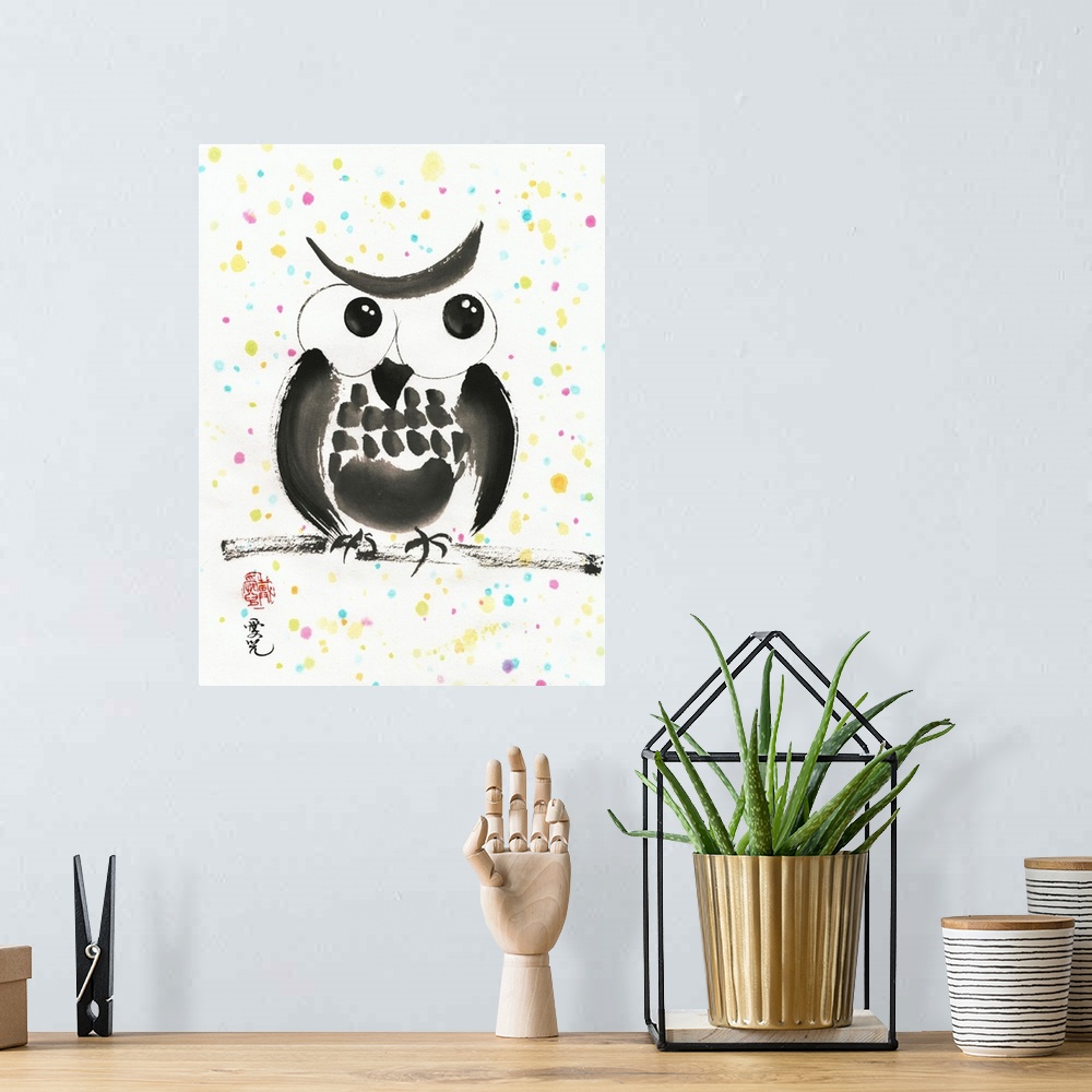 A bohemian room featuring Whimsical painting of an owl on a branch with colorful polka dots in the background.