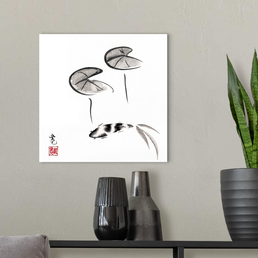 A modern room featuring This painting is inspired by Zhuangzi's taoist parable regarding the happiness of the fish.