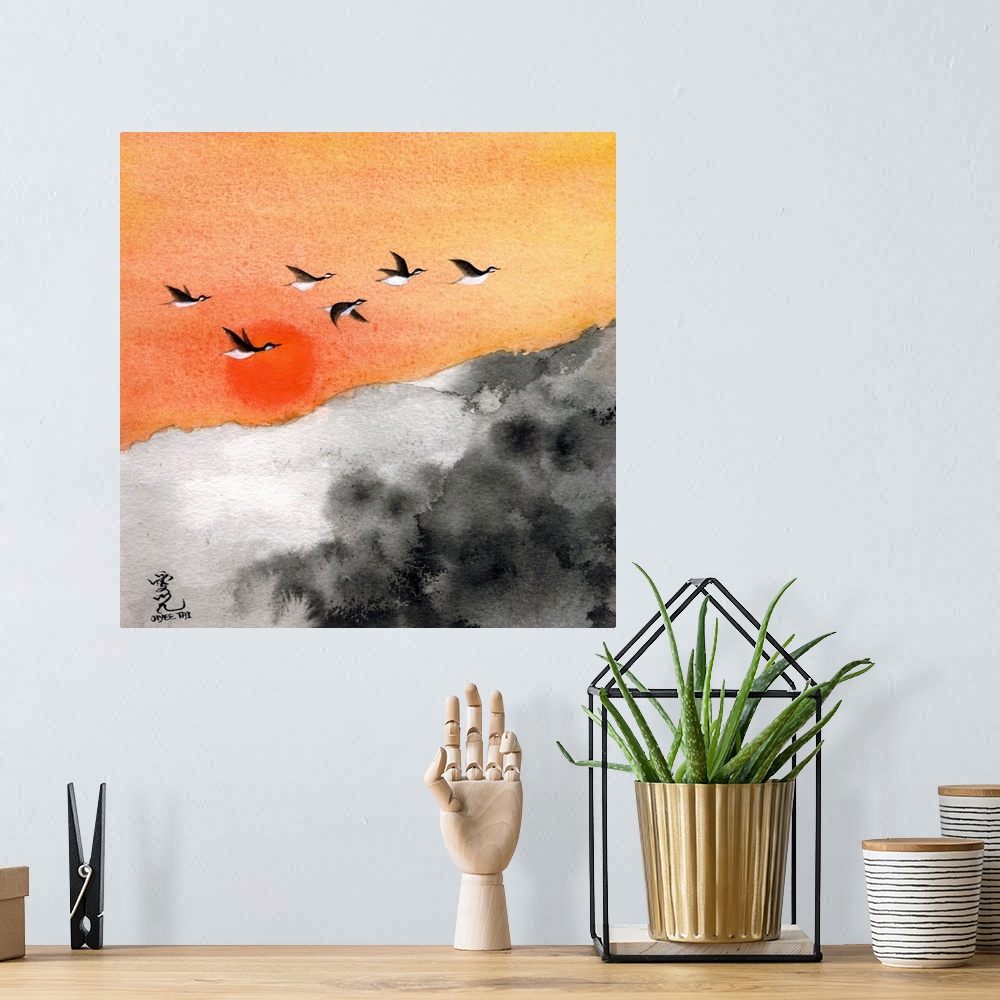 A bohemian room featuring Square painting of a warm sunset with birds flying through and a black and white landscape below.