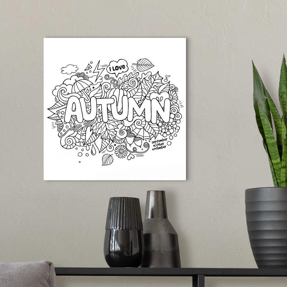 A modern room featuring A collection of fall elements such as leaves and pumpkins surrounding the word "Autumn."  Perfect...