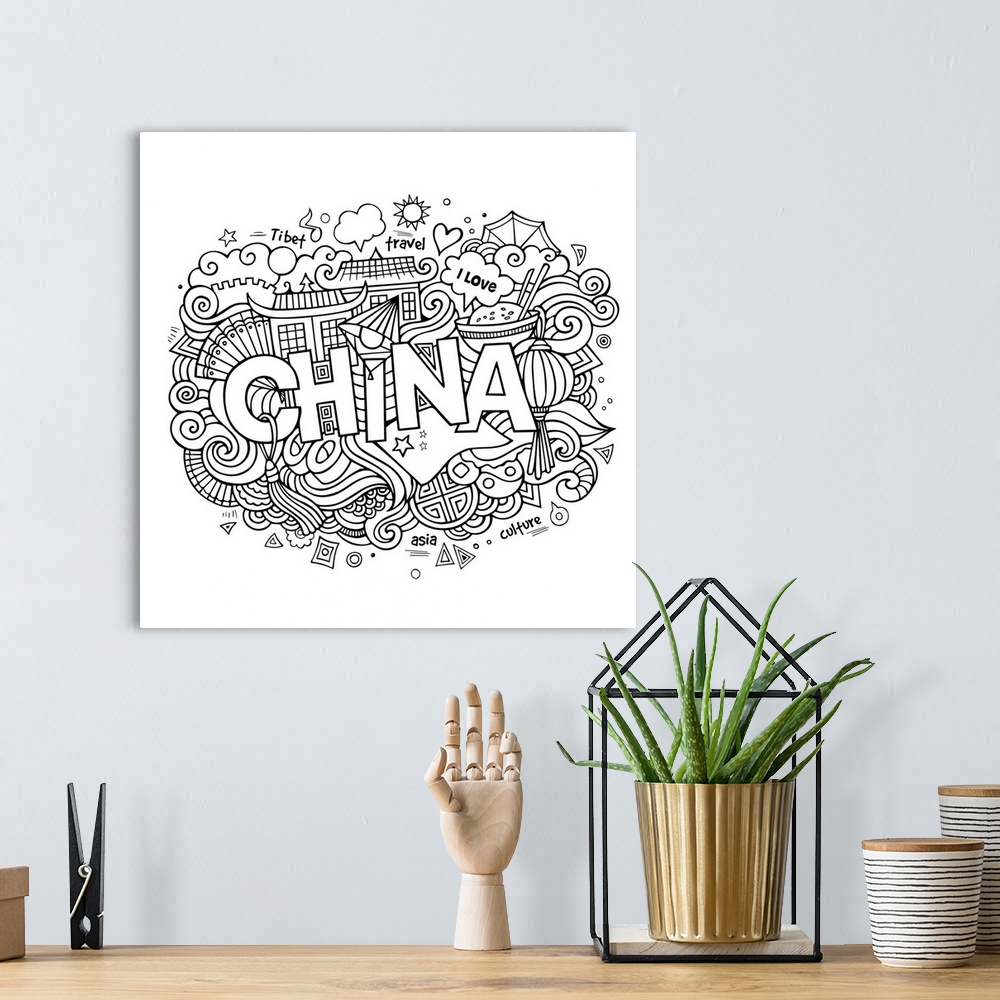 A bohemian room featuring An assortment of objects celebrating China, such as fans and lanterns. Perfect for coloring canvas.