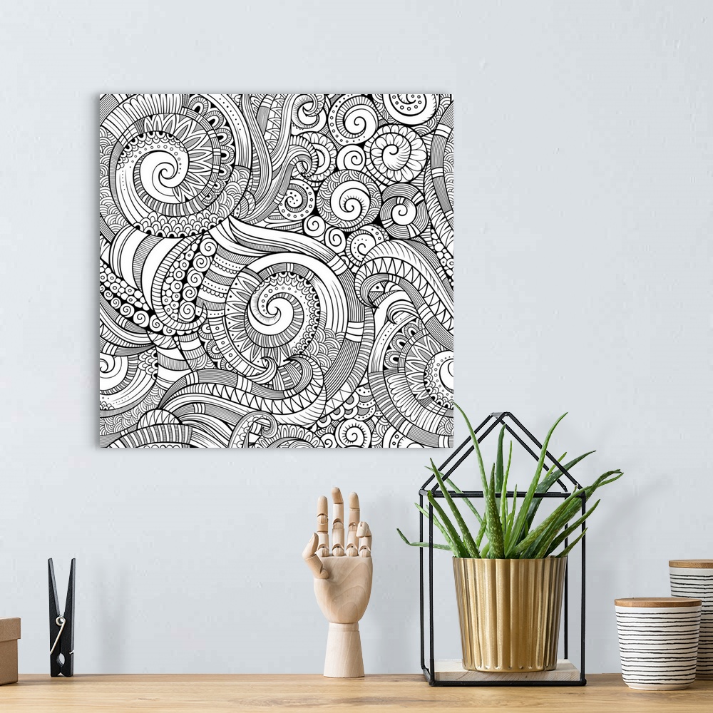 A bohemian room featuring Abstract design featuring patterned spirals and swirls. Perfect for Coloring Canvas.