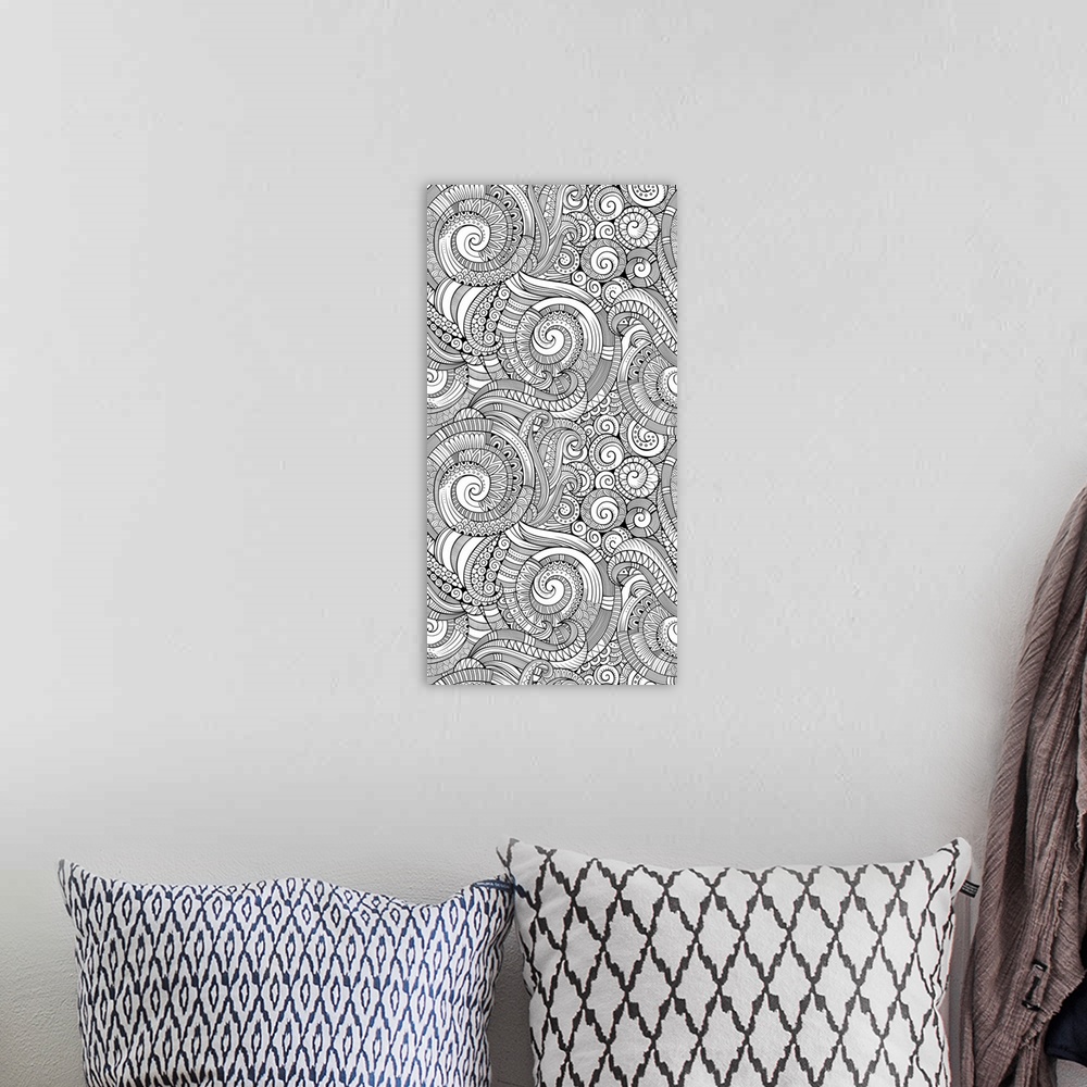 A bohemian room featuring Abstract design featuring patterned spirals and swirls.