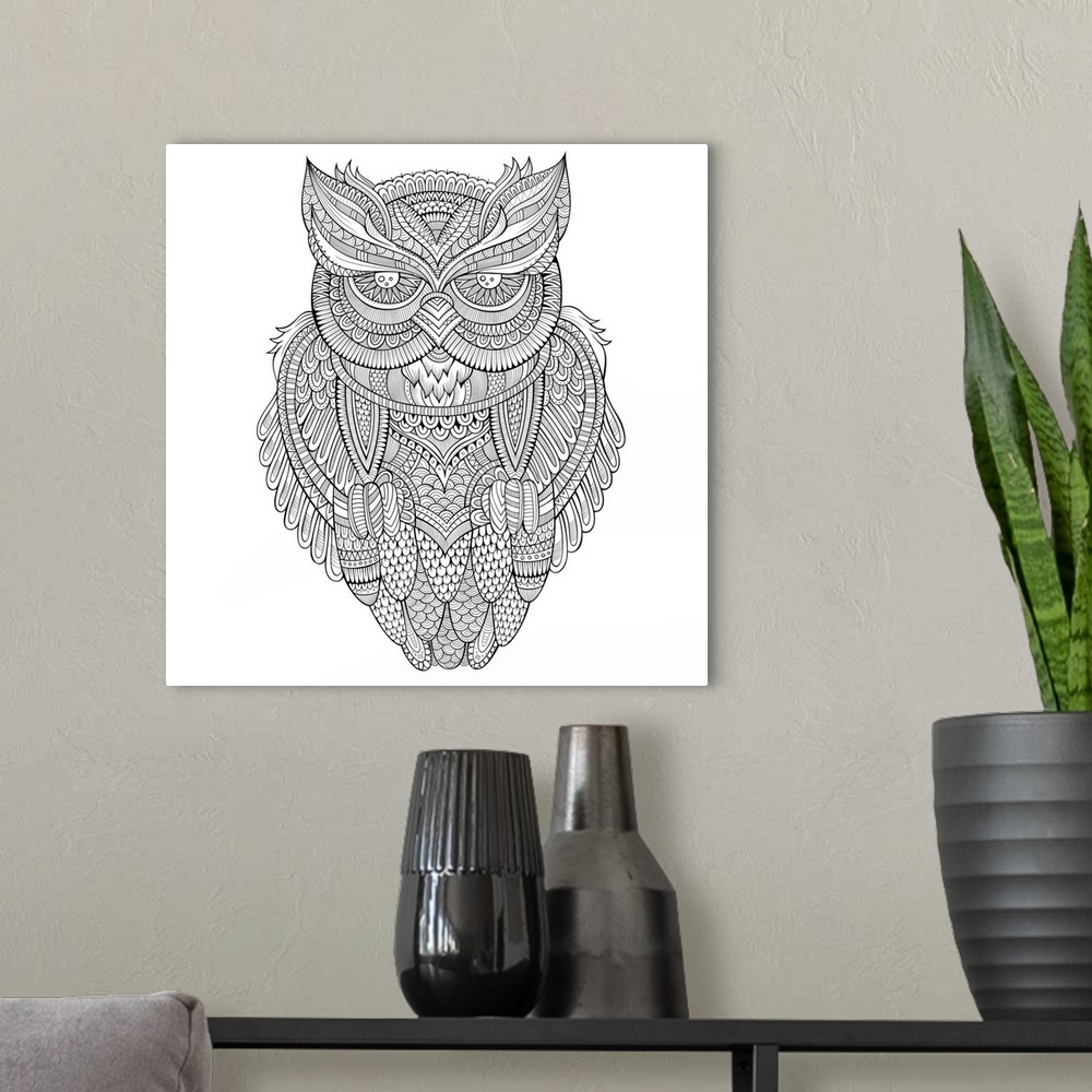 A modern room featuring An intricately patterned owl with large eyes and detailed feathers.