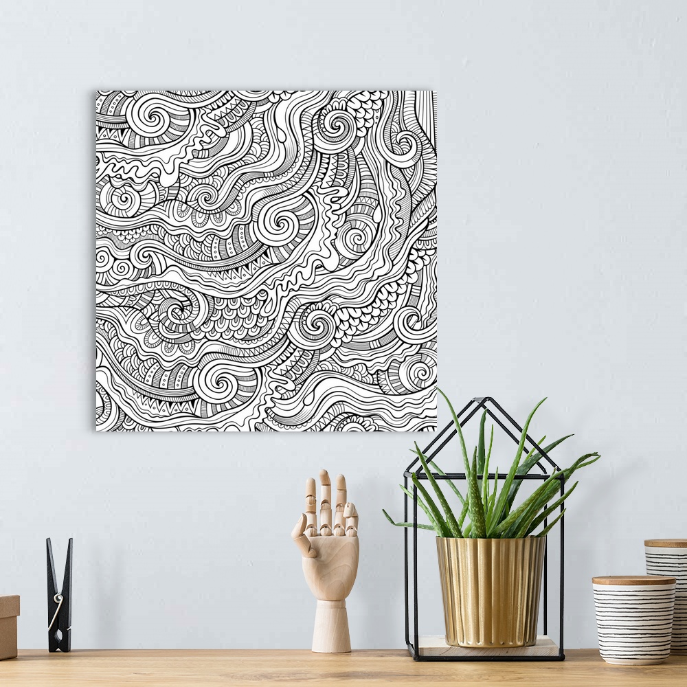 A bohemian room featuring Abstract pattern of waves and swirls with intricate designs. Perfect for Coloring Canvas.