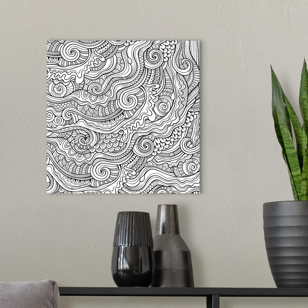 A modern room featuring Abstract pattern of waves and swirls with intricate designs. Perfect for Coloring Canvas.