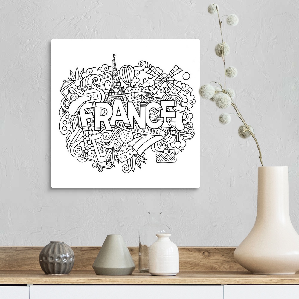 A farmhouse room featuring Several French-themed objects, including the Eiffel Tower and pastries, surrounding the word "Fra...