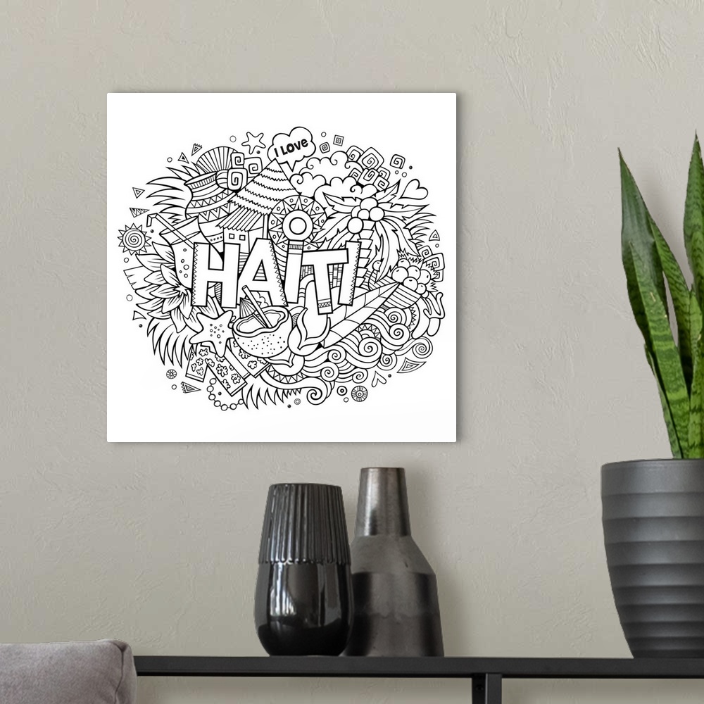 A modern room featuring As assortment of tropical and Haitian-themed objects surrounding the word "Haiti."