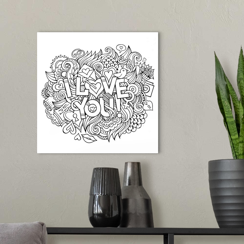 A modern room featuring Romantic design featuring hearts and swirls, surrounding the words "I Love You!"
