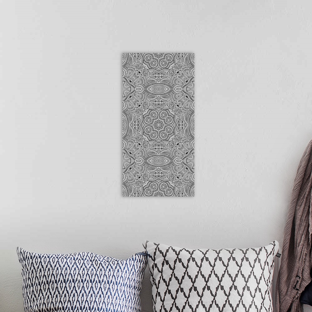 A bohemian room featuring A complex abstract pattern made of geometric shapes and stripes.