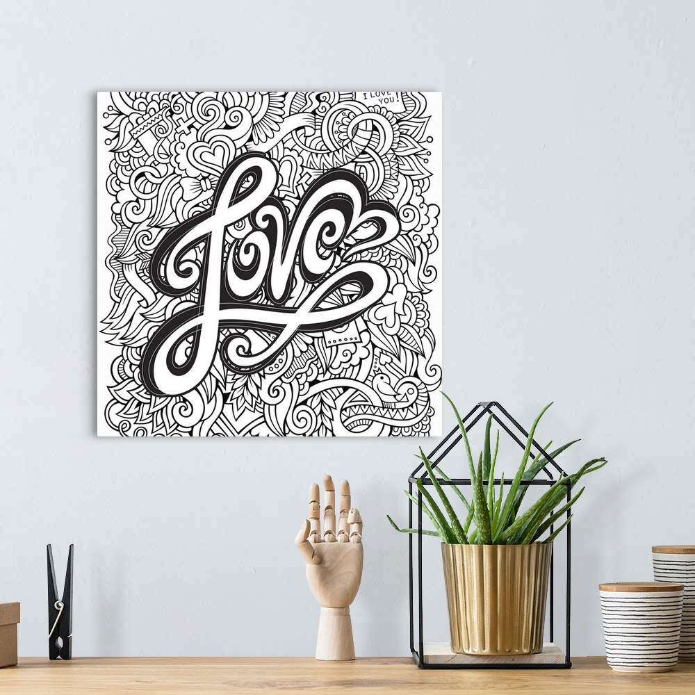 A bohemian room featuring The word "Love" written in flowing script with hearts and swirls behind. Perfect for Coloring Can...