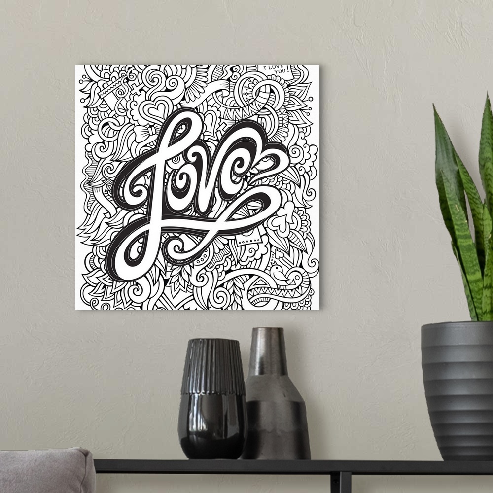 A modern room featuring The word "Love" written in flowing script with hearts and swirls behind. Perfect for Coloring Can...
