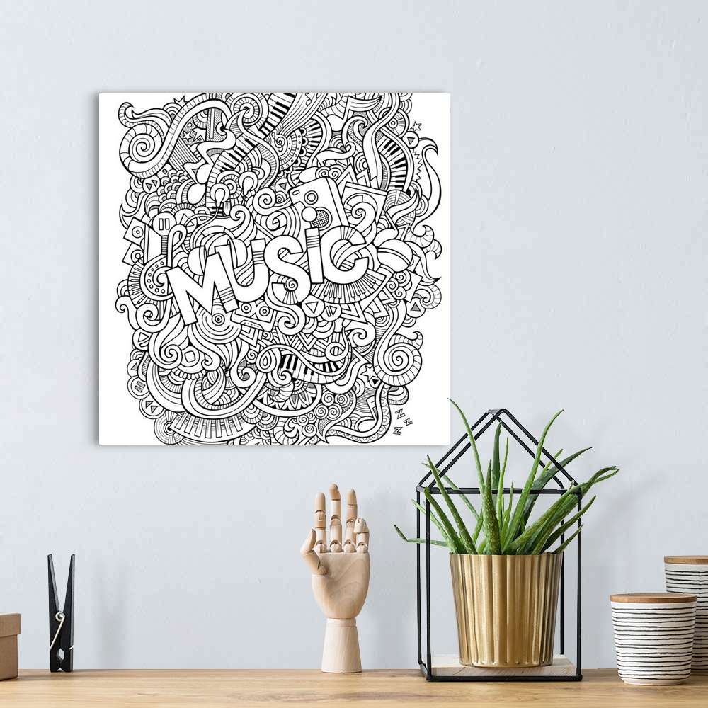 A bohemian room featuring Design featuring several music-themed objects, such as music notes and piano keys, swirling aroun...