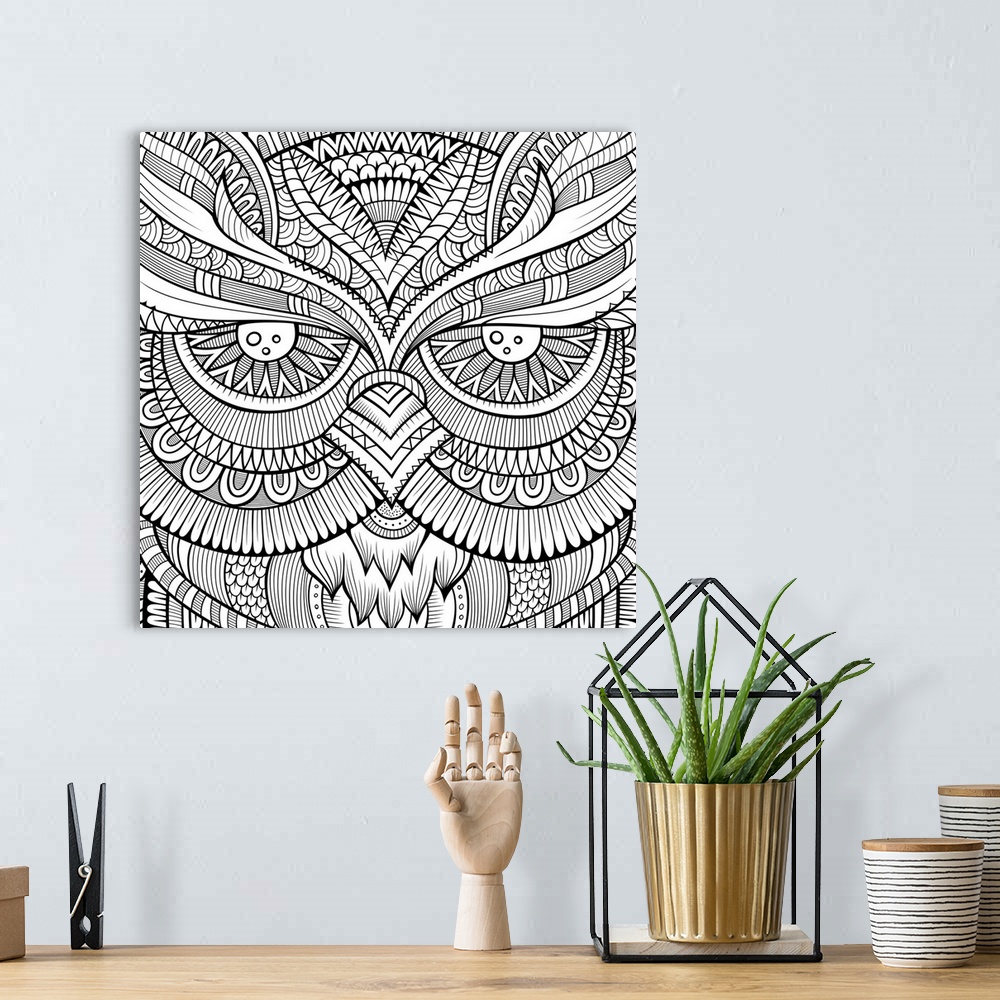 A bohemian room featuring Close up of the eyes and beak of an owl, with patterned feathers.