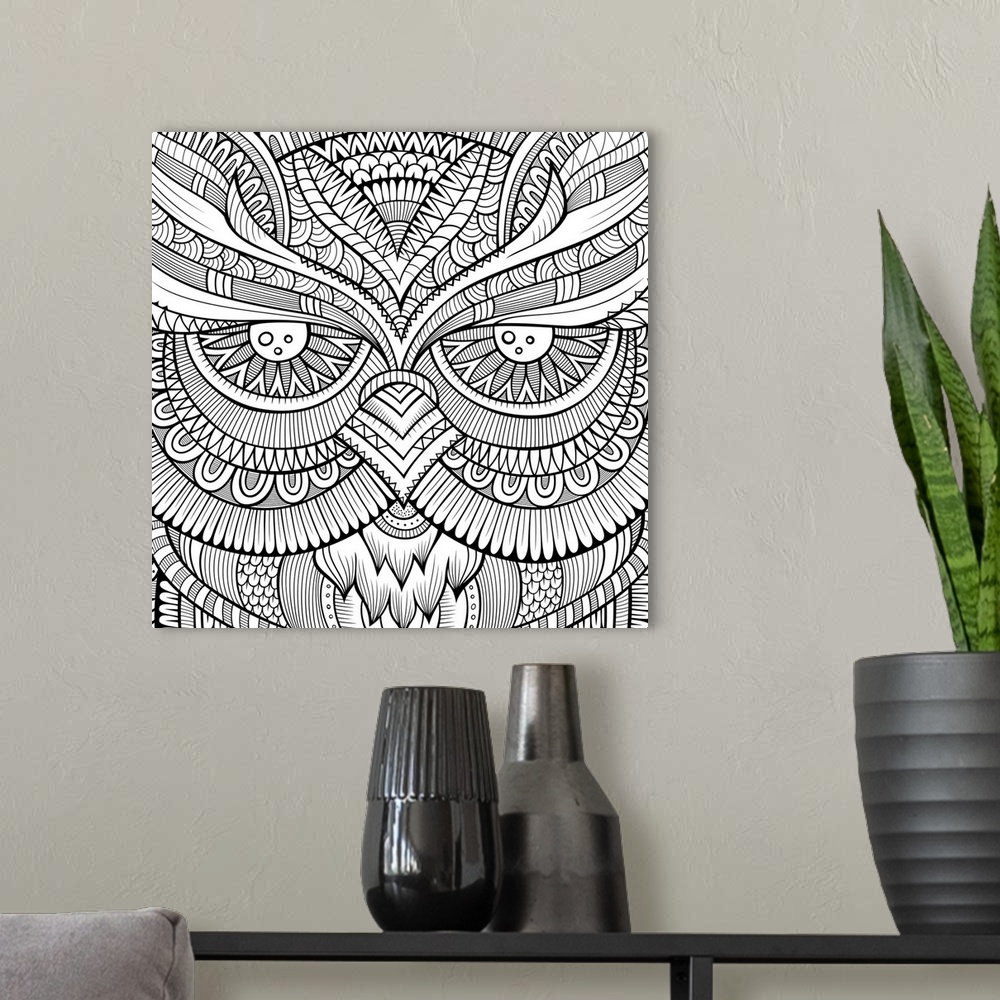A modern room featuring Close up of the eyes and beak of an owl, with patterned feathers.