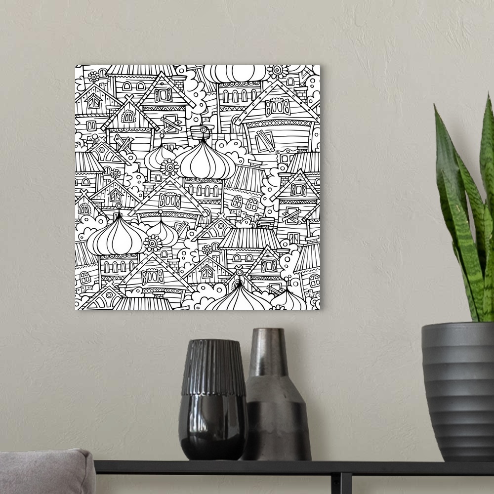 A modern room featuring A design featuring several traditional Russian houses and towers. Perfect for coloring canvas.