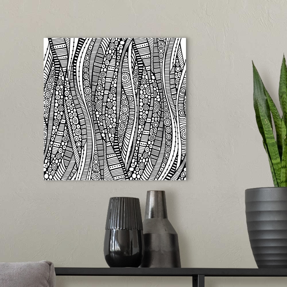 A modern room featuring An abstract pattern of vertical waves embellished with stripes and circles. Perfect for Coloring ...
