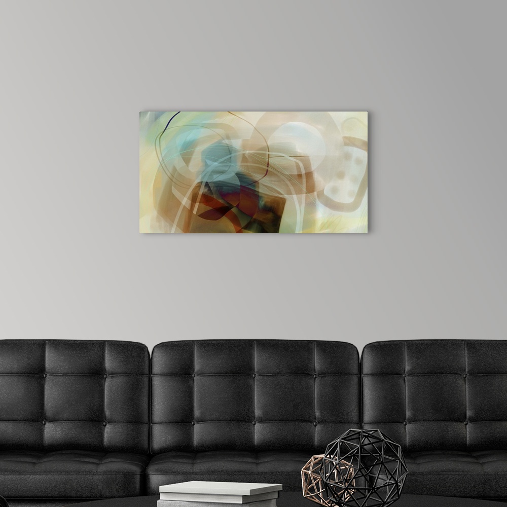 A modern room featuring Abstract contemporary painting in beige, teal, and deep brown.