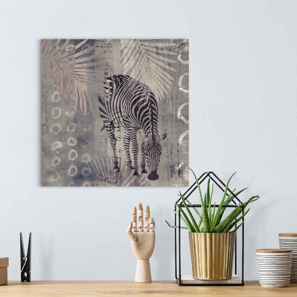 A bohemian room featuring Modern mixed media art with wild zebra in muted and neutral colors.