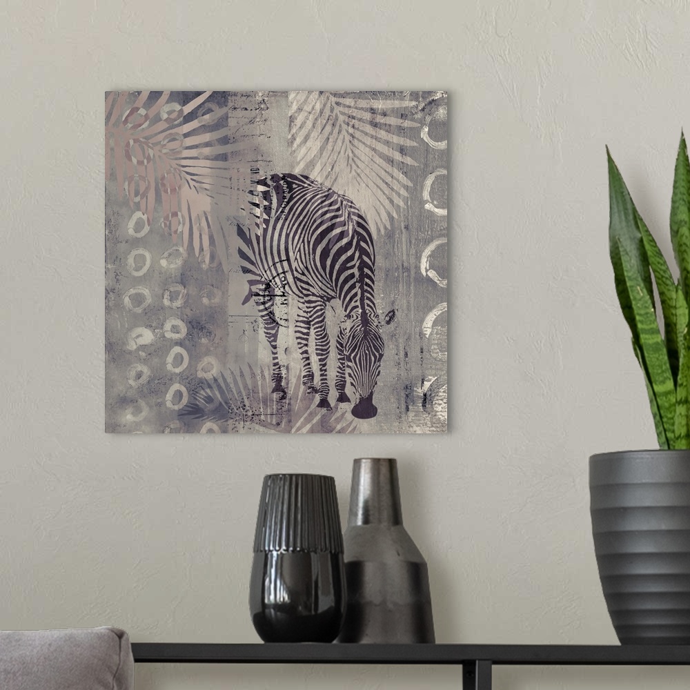 A modern room featuring Modern mixed media art with wild zebra in muted and neutral colors.