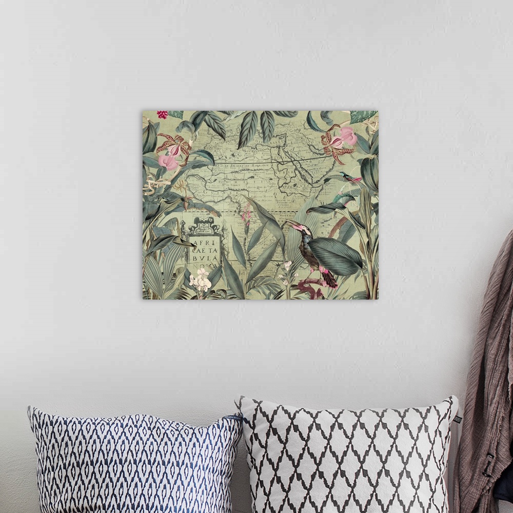 A bohemian room featuring Vintage style art with old map of Africa, exotic vegetation, and toucan.
