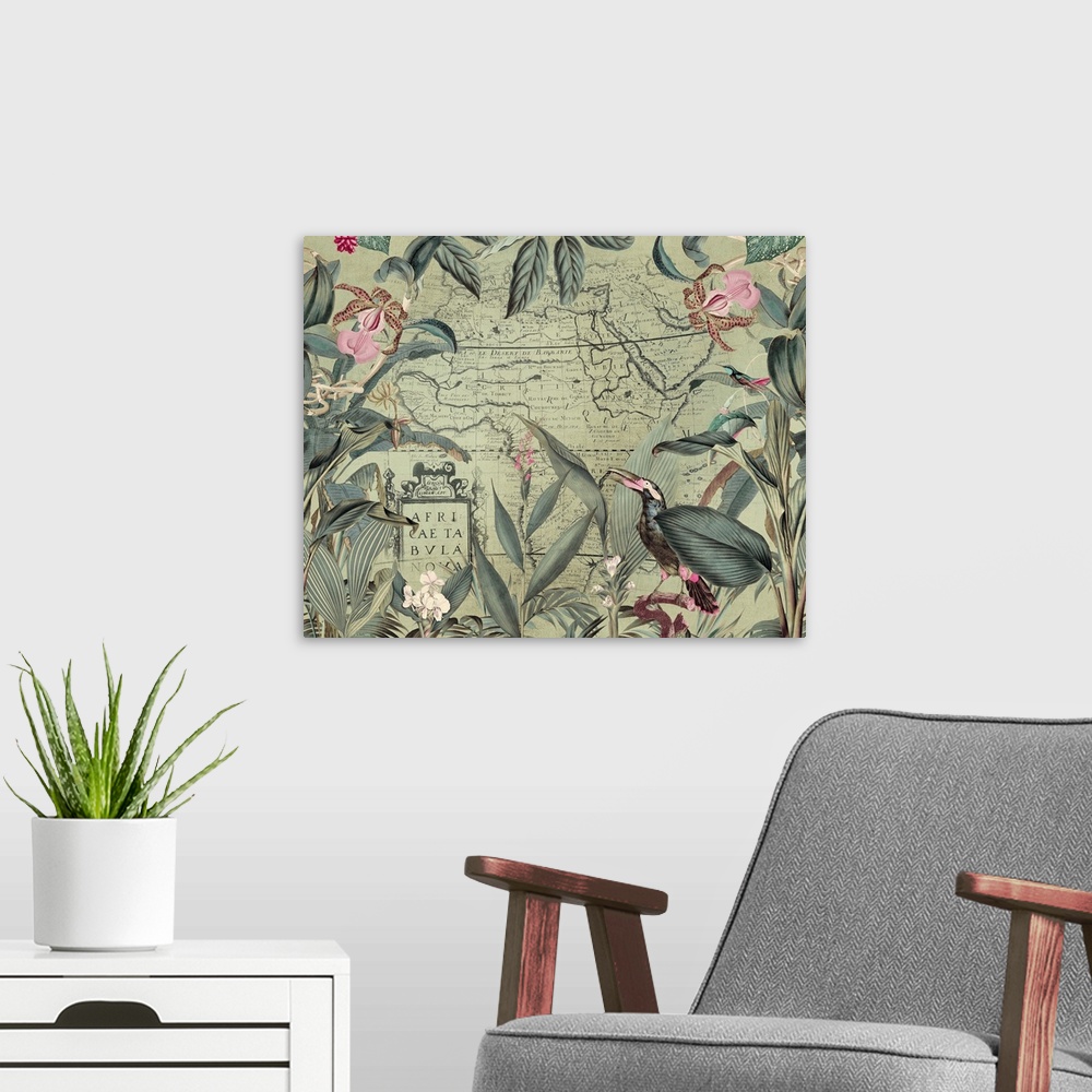 A modern room featuring Vintage style art with old map of Africa, exotic vegetation, and toucan.