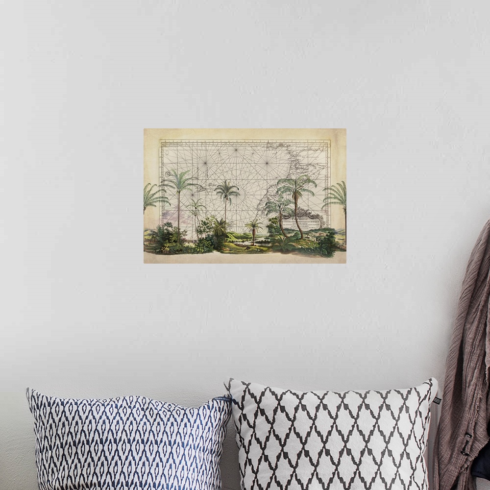 A bohemian room featuring Vintage style mixed media art with old map and tropical vegetation.