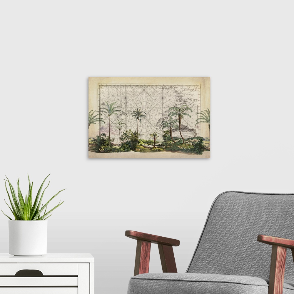 A modern room featuring Vintage style mixed media art with old map and tropical vegetation.