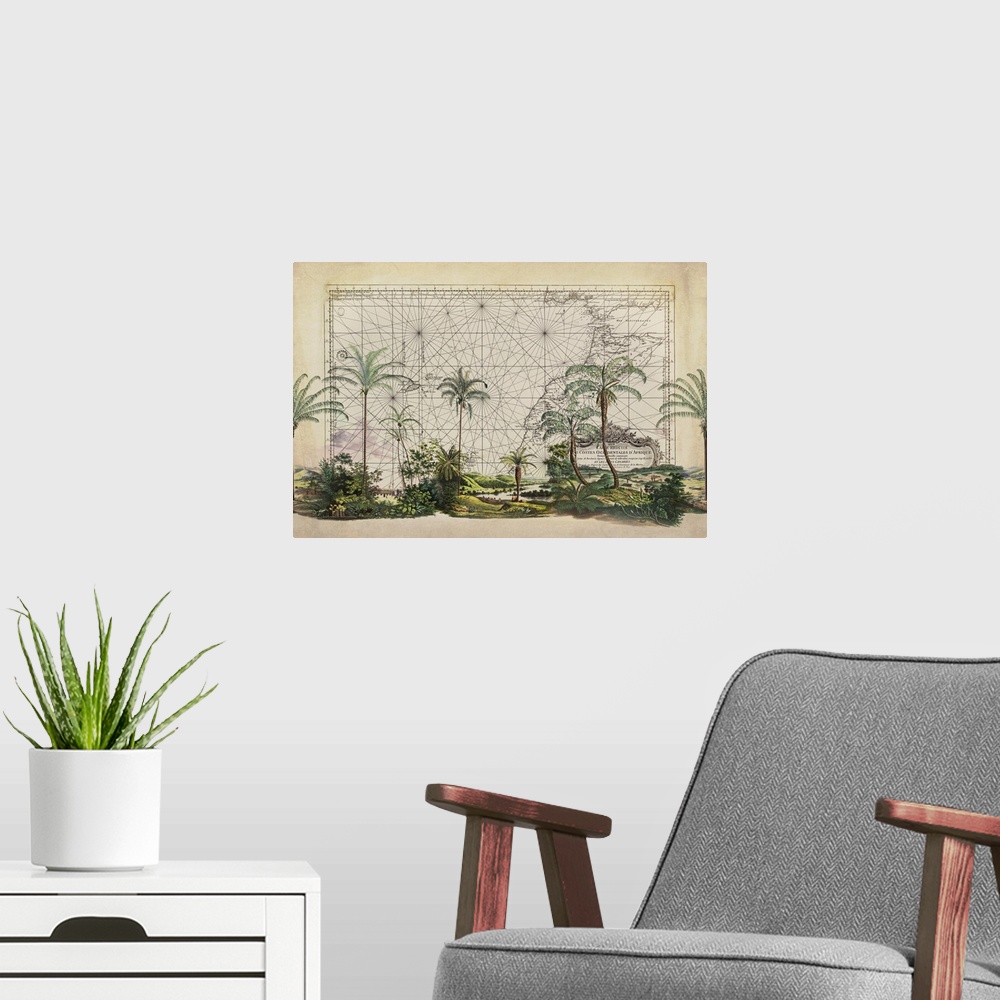 A modern room featuring Vintage style mixed media art with old map and tropical vegetation.