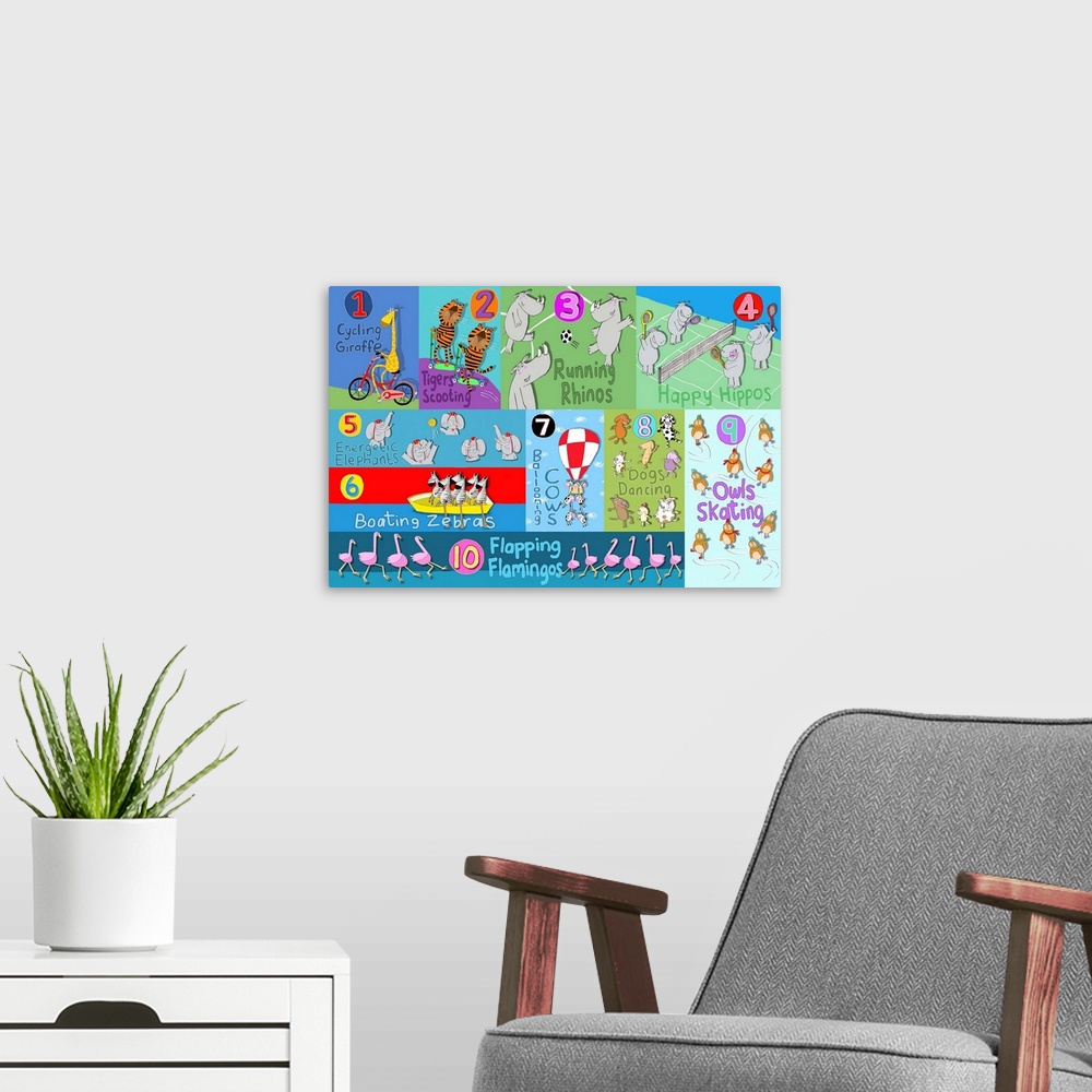 A modern room featuring Learn to count with this illustrated wall art by children's artist Carla Daly.