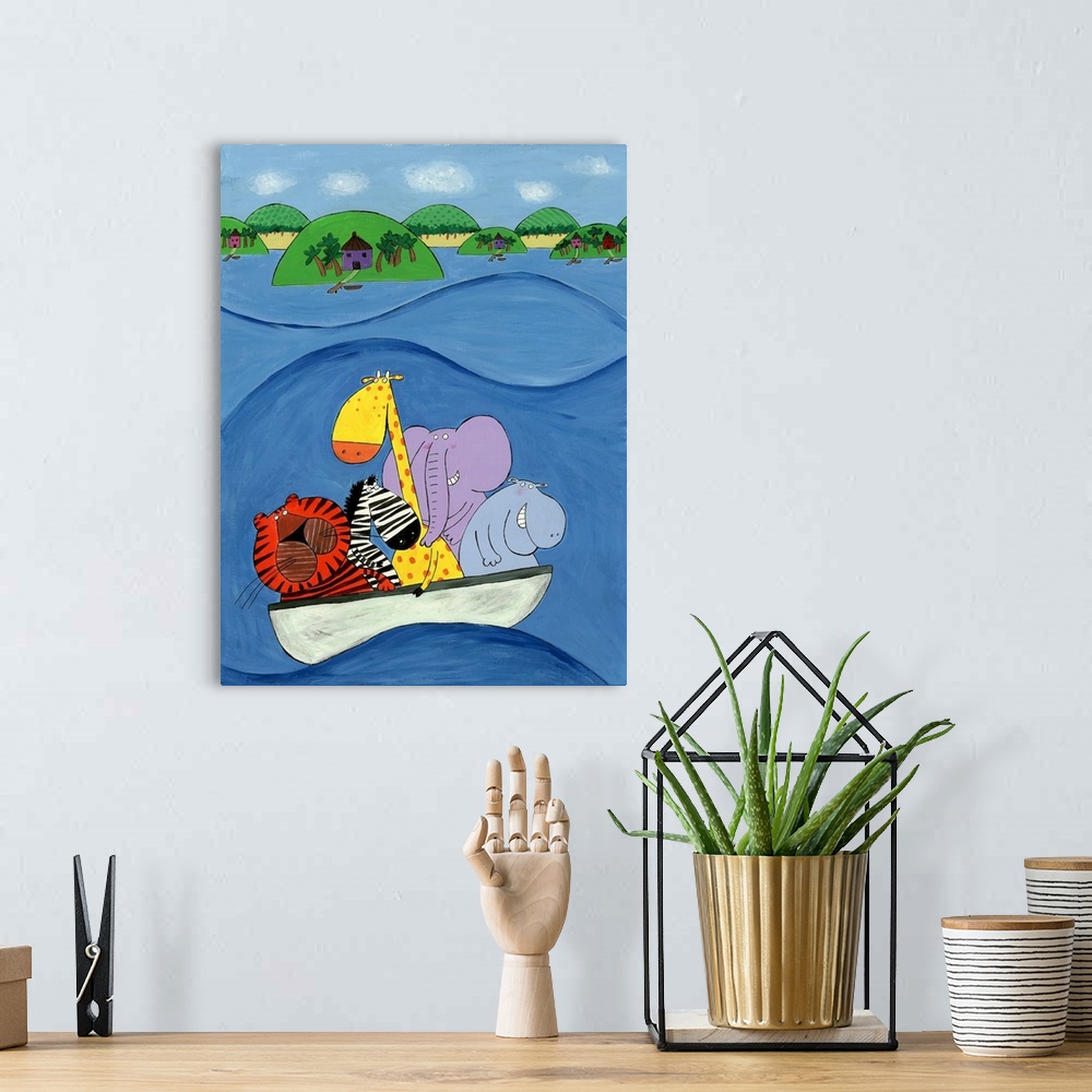 A bohemian room featuring Jungle animals in a boat. Illustrated wall art by artist Carla Daly.