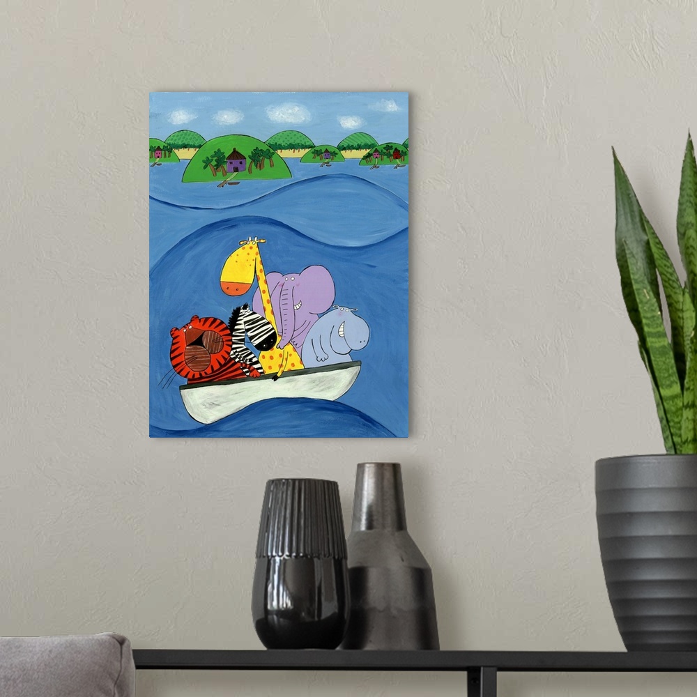 A modern room featuring Jungle animals in a boat. Illustrated wall art by artist Carla Daly.
